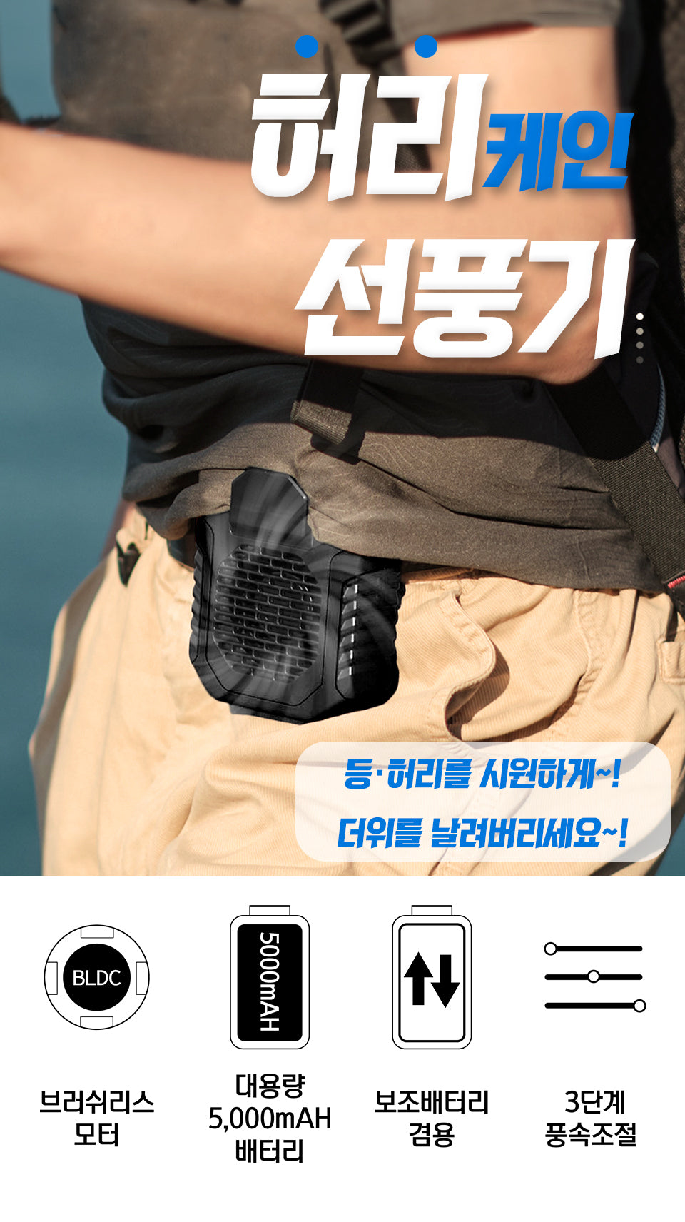 English Translation: Waist Cane Fan with Belt Clip & Neck Strap - Portable Power Bank 5000mAH USB Fan